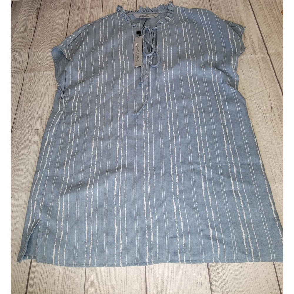 Arianna by Howard's Blue Striped Ruffle Neck Top sz Small New NWT